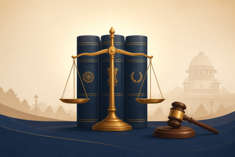 Scales of justice with three law books and a gavel, illustrating India's new criminal codes