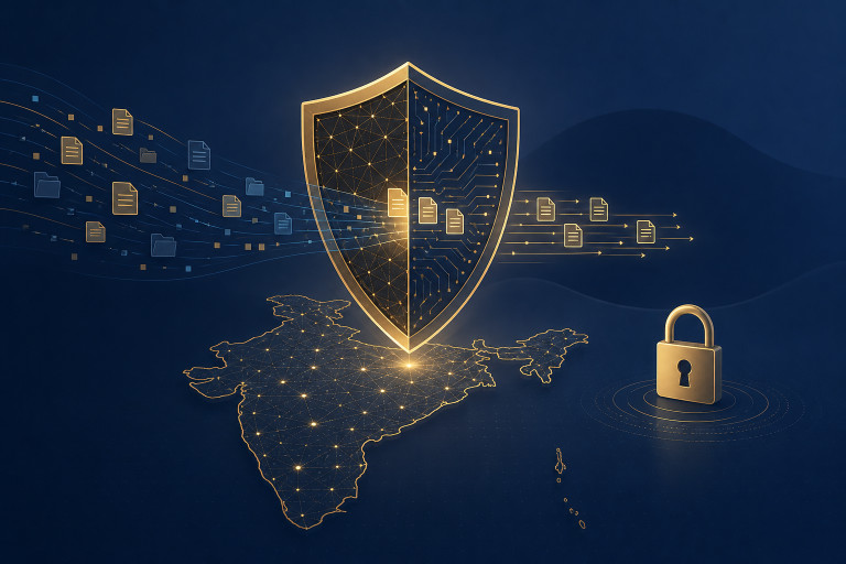 Digital shield over an outline of India, illustrating India's data protection law