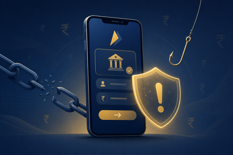 Smartphone with UPI payment interface and a warning shield, illustrating UPI fraud recovery